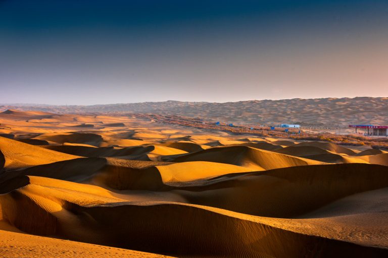 Sunset view at Taklamkan desert silk road